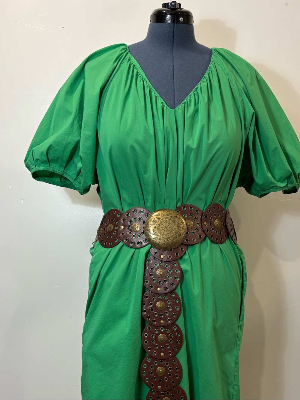 Alex Marie Green Puff-Sleeve Midi Dress